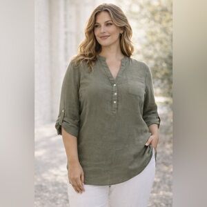 Cato Olive Green Tunic Blouse Roll Tab Sleeve Flowy XL